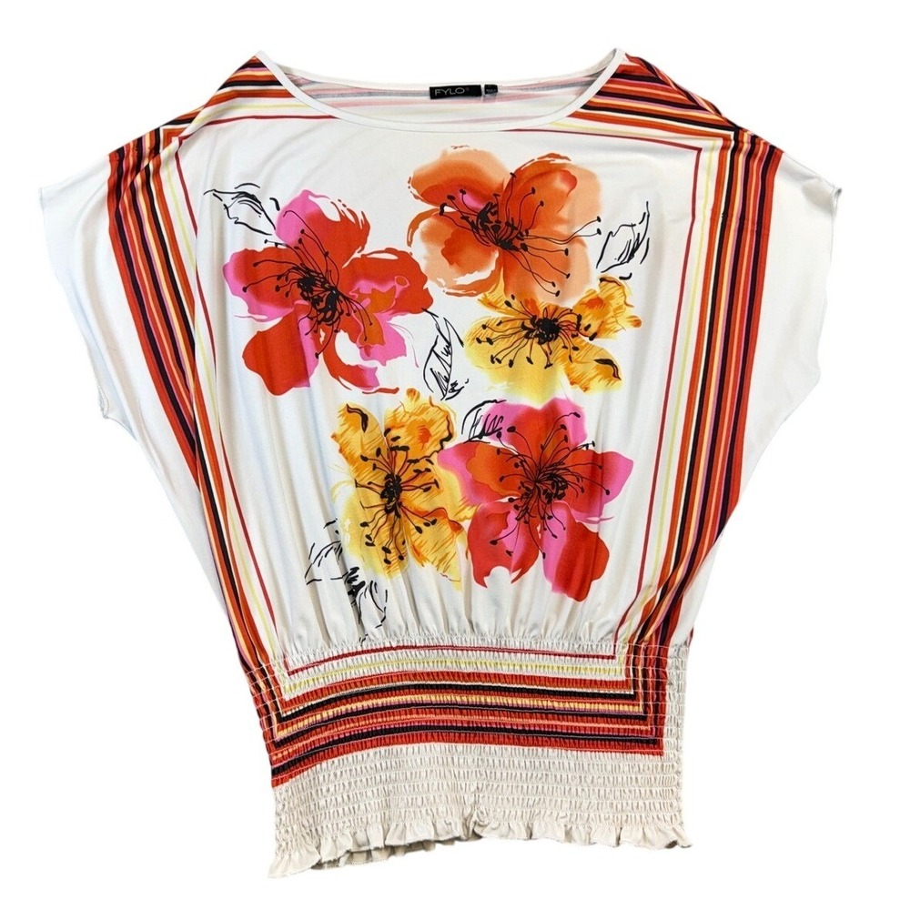 FYLO Womens‎ Floral Striped Smocked Waist Boat Neck Blouse Top Cream Large